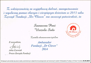 Certyfikat od Fundacji Dr Clown za 2014