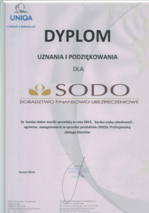 UNIQA Dyplom dla SODO-UBEZPIECZENIA
